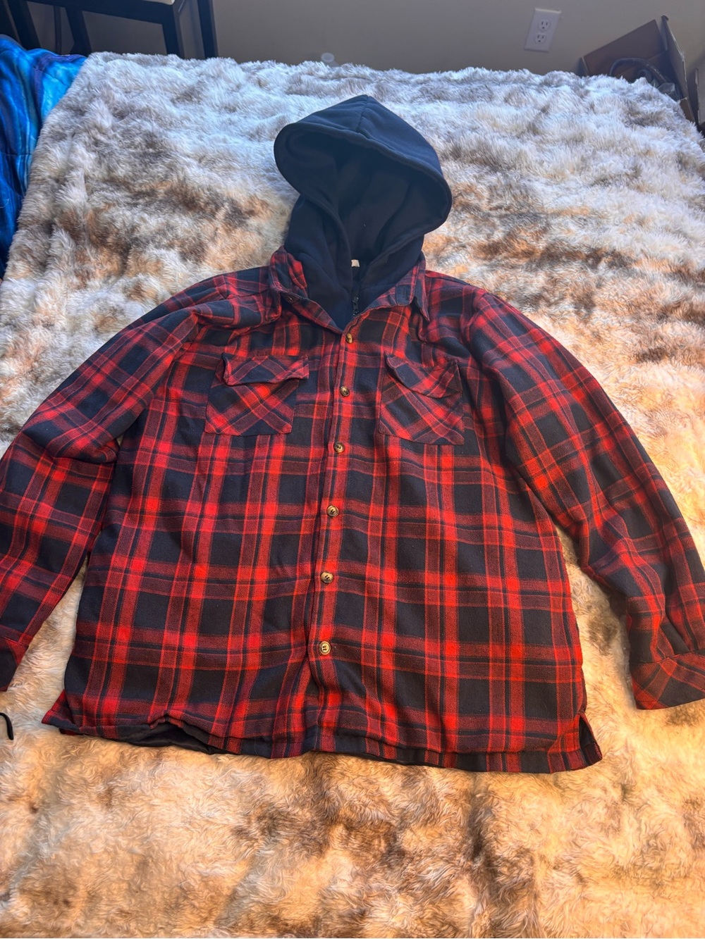 Men's Red & Black Plaid Hooded Lightweight Shirt Jacket